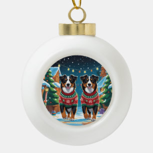 Australian Shepherd Dogs Christmas Snow Holiday Ceramic Ball Christmas Ornament