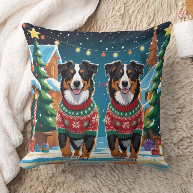 Australian Shepherd Dogs Christmas Snow Holiday Cushion (Blanket)
