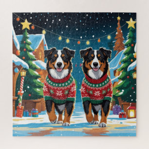 Australian Shepherd Dogs Christmas Snow Holiday Jigsaw Puzzle