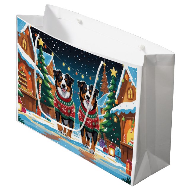Australian Shepherd Dogs Christmas Snow Holiday Large Gift Bag (Front Angled)