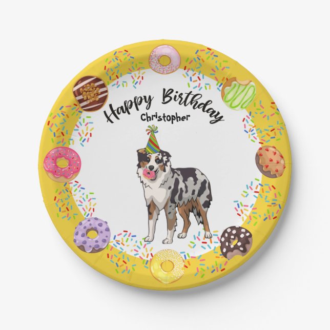 Australian Shepherd Doughnut Birthday Party Plate (Front)