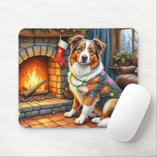 Australian Shepherd Fireplace with Christmas Light Mouse Pad