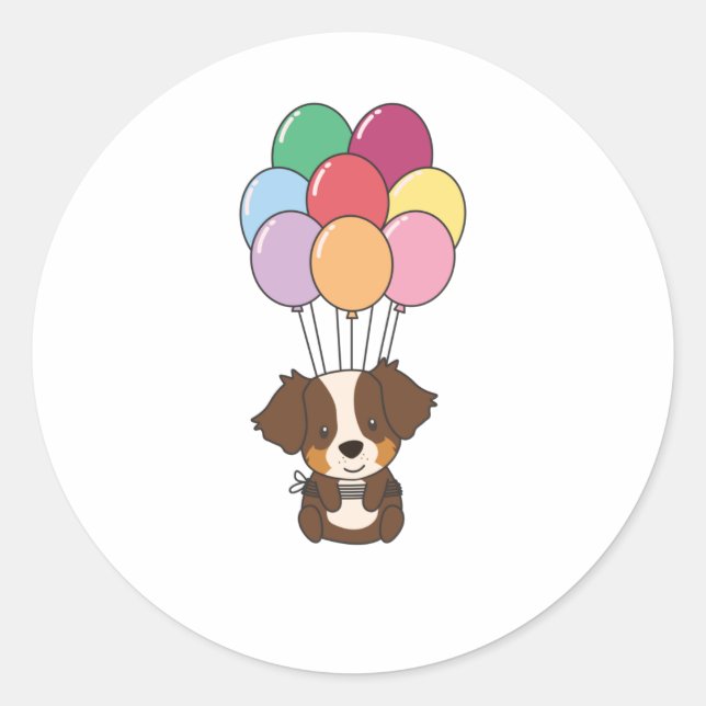 Australian Shepherd Flies With Colourful Balloons Classic Round Sticker (Front)