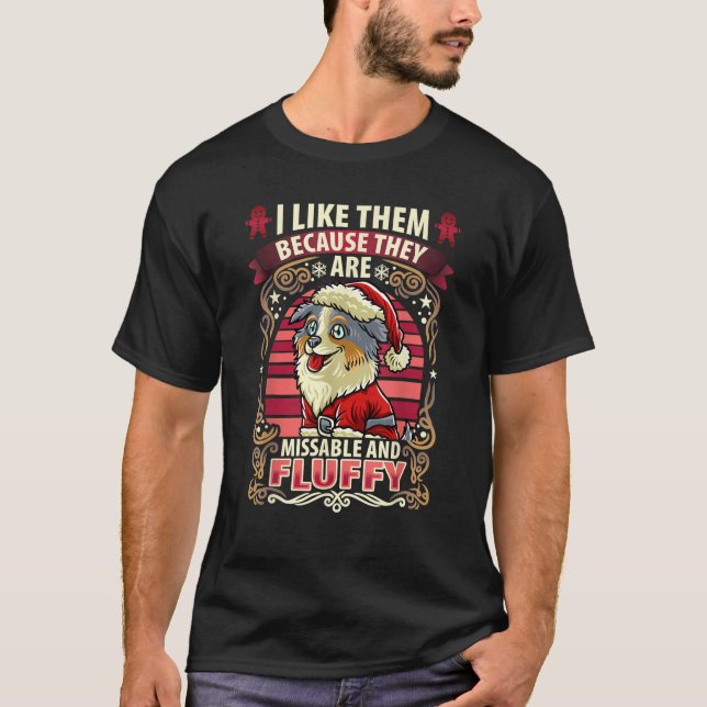 Australian Shepherd Fluffy Christmas Dog Santa Cla T-Shirt (Front)