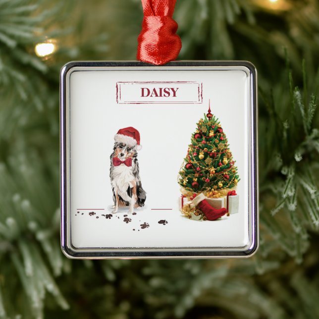 Australian Shepherd Funny Christmas Dog with Tree Metal Ornament (Tree)