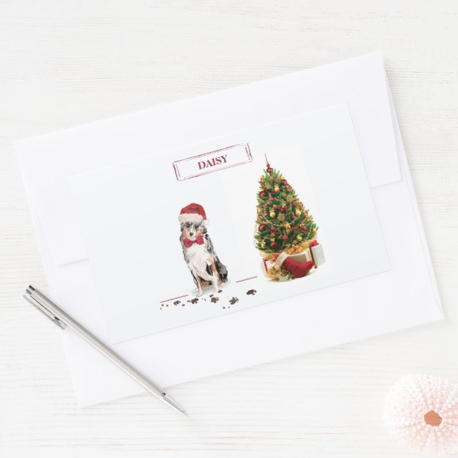 Australian Shepherd Funny Christmas Dog with Tree Rectangular Sticker (Envelope)