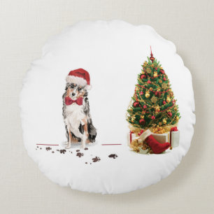 Australian Shepherd Funny Christmas Dog with Tree Round Cushion