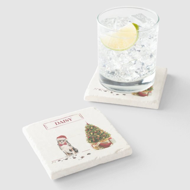 Australian Shepherd Funny Christmas Dog with Tree Stone Coaster (Side)