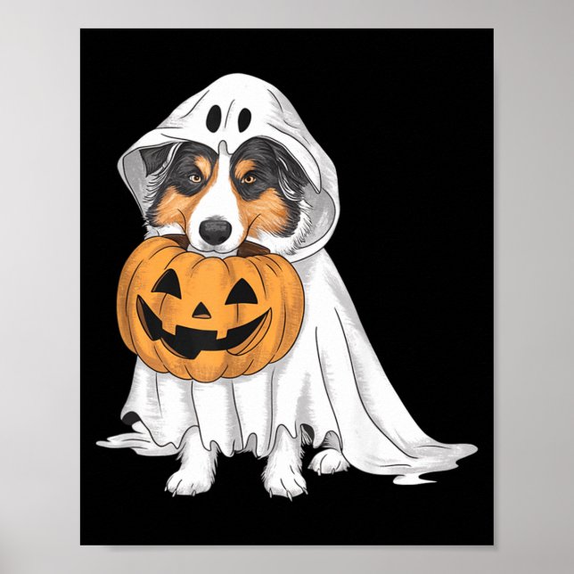 Australian Shepherd Ghost Dog Halloween Poster (Front)