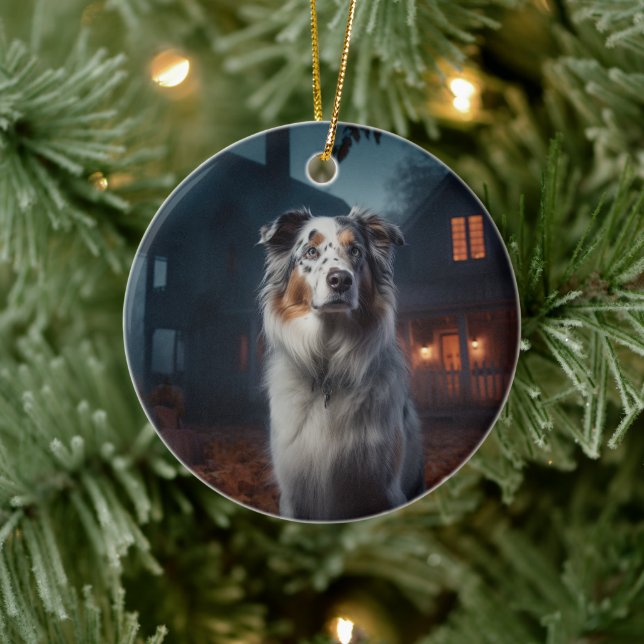 Australian Shepherd Halloween Scary Ceramic Ornament (Tree)