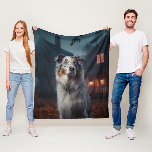 Australian Shepherd Halloween Scary Fleece Blanket (In Situ)