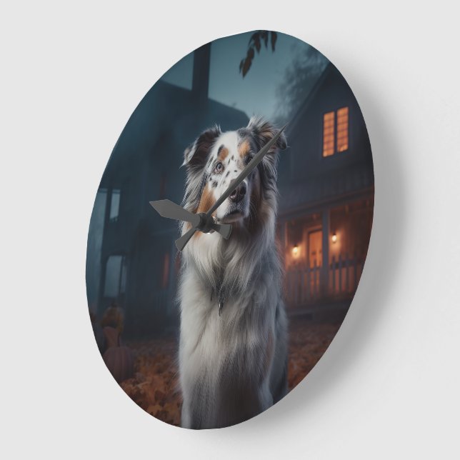 Australian Shepherd Halloween Scary Large Clock (Angle)