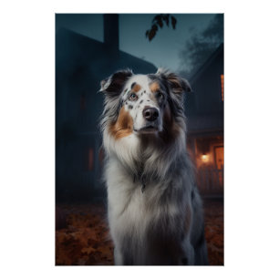 Australian Shepherd Halloween Scary Poster