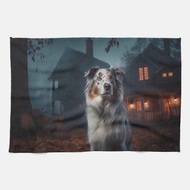 Australian Shepherd Halloween Scary Tea Towel (Horizontal)