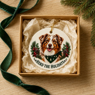 Australian Shepherd Herd the Holidays Ceramic Ornament