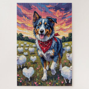 Australian Shepherd Herding Heart-Grass Sheep Jigsaw Puzzle