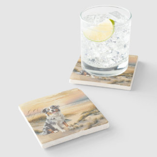 Australian Shepherd in a Beach Cove Stone Coaster