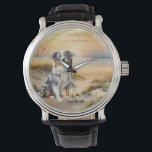 Australian Shepherd in a Beach Cove Watch<br><div class="desc">A watch that dog moms,  dog dads and dog lovers alike will adore and you can choose from a large variety of styles,  featuring a summer beach cove with tall grasses and the sun setting over the ocean that sets off a sweet Australian Shepherd dog.</div>
