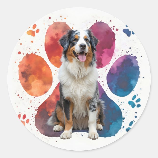 Australian Shepherd In a Pawprint Classic Round Sticker (Front)