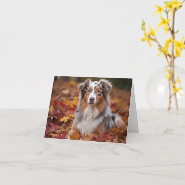 Australian Shepherd  in Autumn Leaves Fall Inspire Card (Yellow Flower)