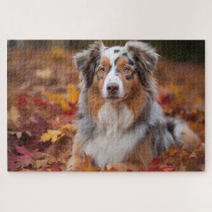 Australian Shepherd  in Autumn Leaves Fall Inspire Jigsaw Puzzle