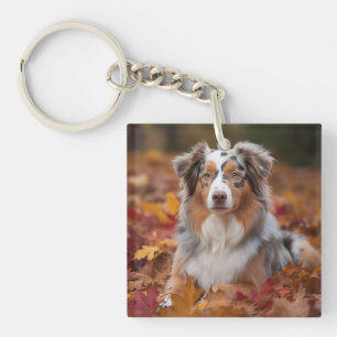 Australian Shepherd  in Autumn Leaves Fall Inspire Key Ring