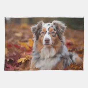 Australian Shepherd  in Autumn Leaves Fall Inspire Tea Towel