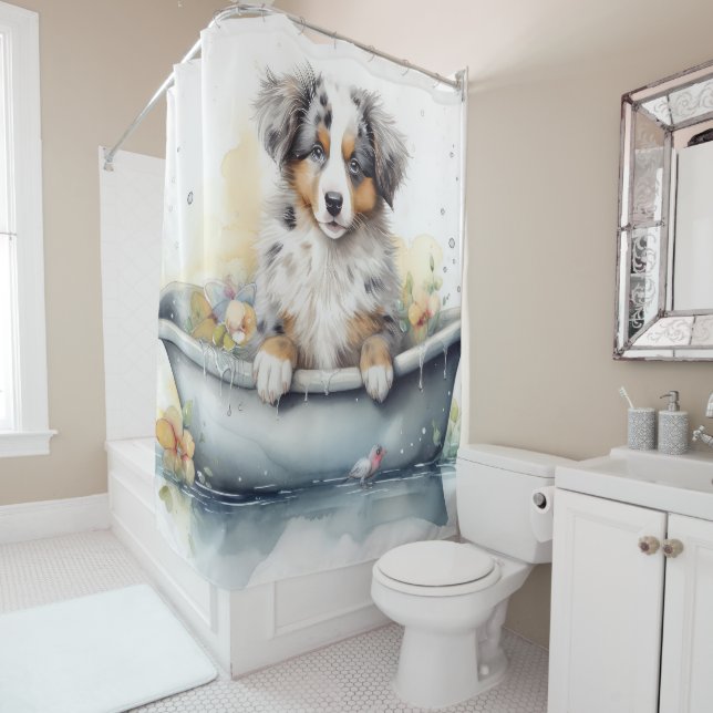 Australian Shepherd In Bathtub Watercolor Dog Art Shower Curtain (In Situ)