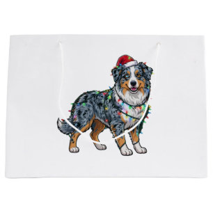 Australian Shepherd Merle Santa Hat Christmas Large Gift Bag