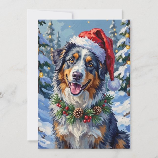Australian Shepherd Merle Winter Christmas Art Holiday Card (Front)