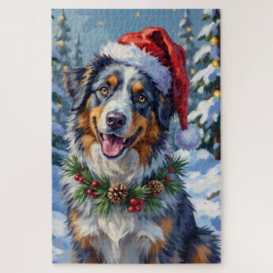 Australian Shepherd Merle Winter Christmas Art Jigsaw Puzzle