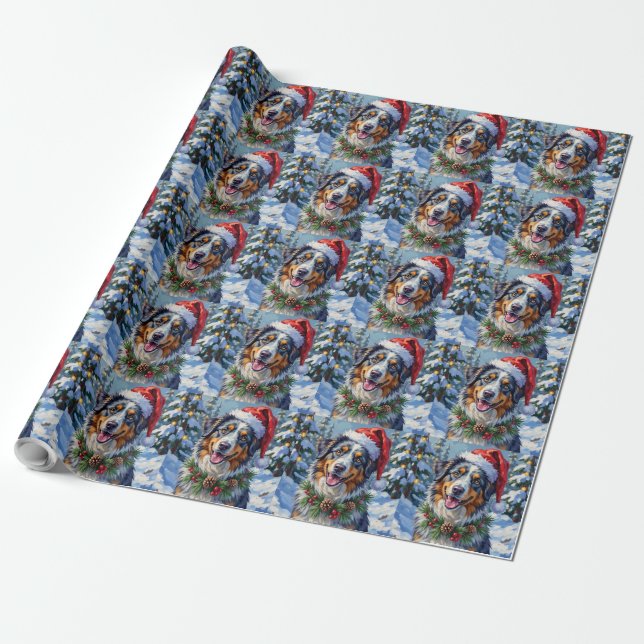 Australian Shepherd Merle Winter Christmas Art Wrapping Paper (Unrolled)