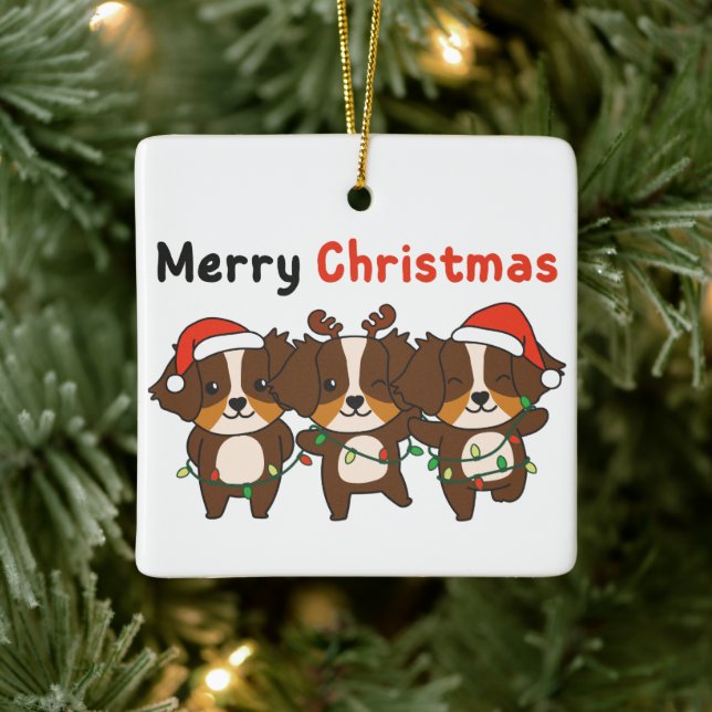Australian Shepherd Merry Christmas Cute Dogs Ceramic Ornament (Tree)