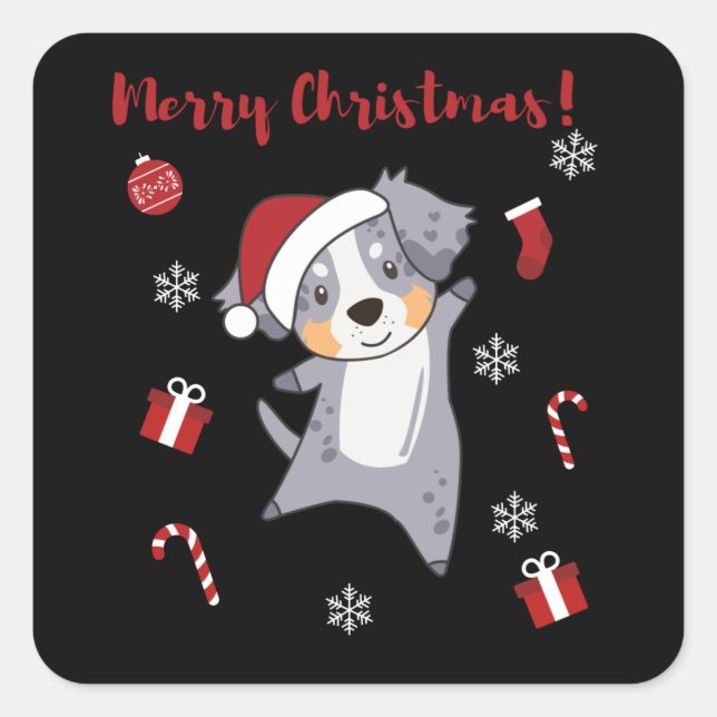 Australian Shepherd Merry Christmas Winter Square Sticker (Front)