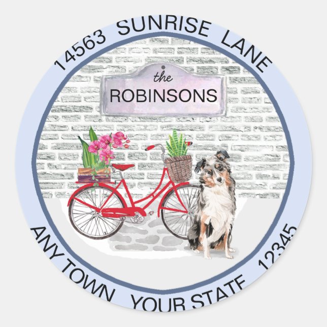 Australian Shepherd Moving Bicycle New Address    Classic Round Sticker (Front)