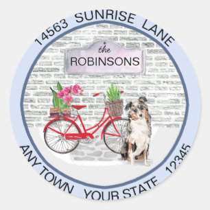 Australian Shepherd Moving Bicycle New Address    Classic Round Sticker