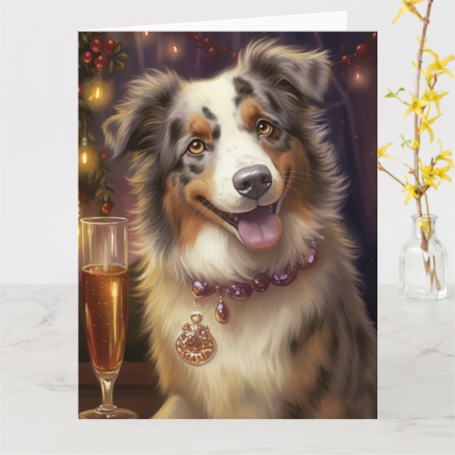 Australian Shepherd New Year  Card (Yellow Flower)
