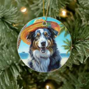 Australian Shepherd On Beach dog lover summer gift Ceramic Ornament
