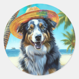 Australian Shepherd On Beach dog lover summer gift Classic Round Sticker