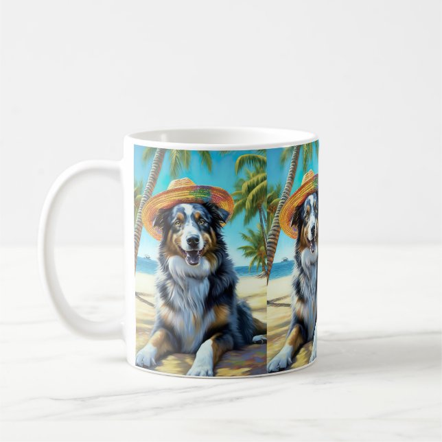 Australian Shepherd On Beach dog lover summer gift Coffee Mug (Left)
