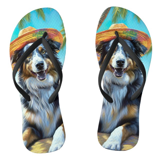 Australian Shepherd On Beach dog lover summer gift Thongs (Footbed)