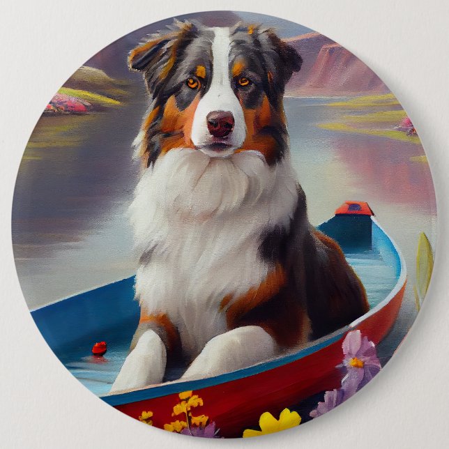 Australian Shepherd on Paddle: A Scenic Adventure 6 Cm Round Badge (Front)