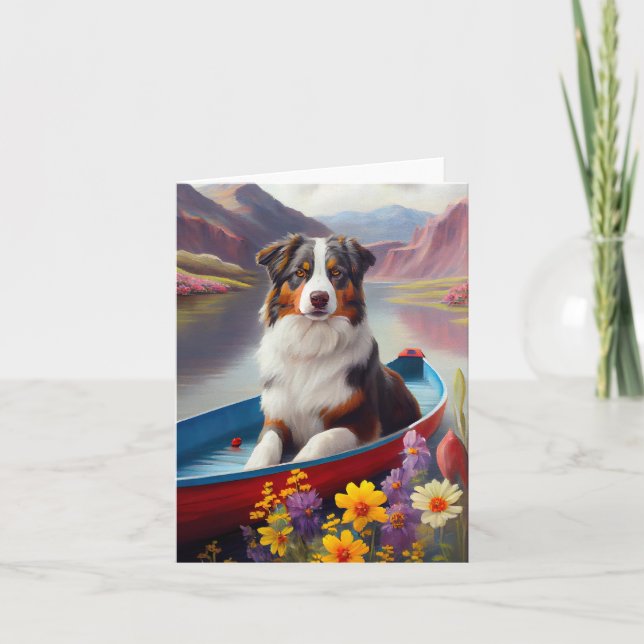 Australian Shepherd on Paddle: A Scenic Adventure Card (Front)