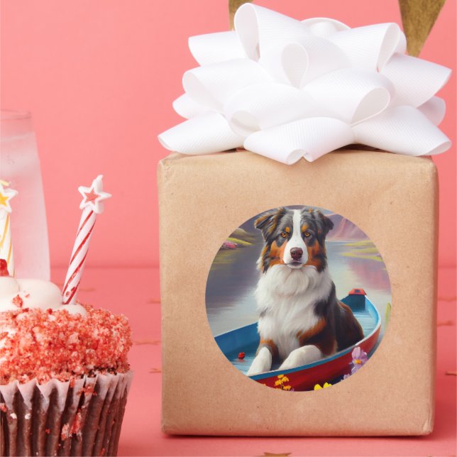 Australian Shepherd on Paddle: A Scenic Adventure Classic Round Sticker (Party)