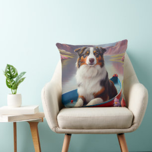 Australian Shepherd on Paddle: A Scenic Adventure Cushion