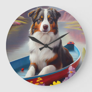 Australian Shepherd on Paddle: A Scenic Adventure Large Clock