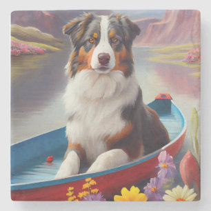 Australian Shepherd on Paddle: A Scenic Adventure Stone Coaster