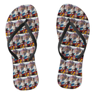 Australian Shepherd on Paddle: A Scenic Adventure Thongs
