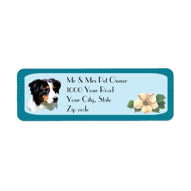 Australian Shepherd on Turquoise Floral Return Address Label (Front)