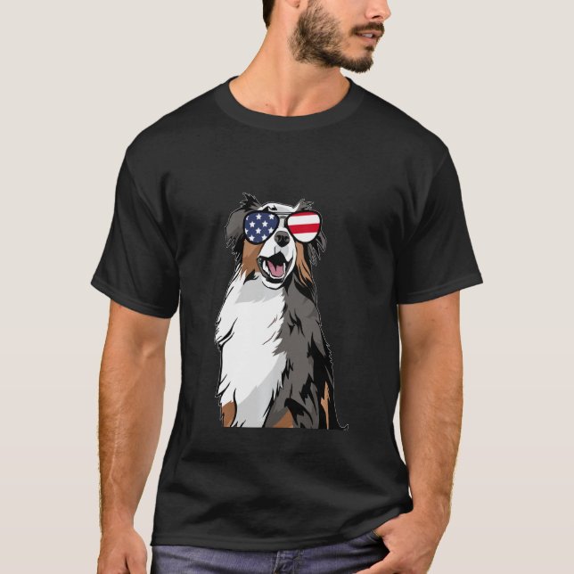Australian Shepherd Owner Sunglasses Us Flag Ameri T-Shirt (Front)